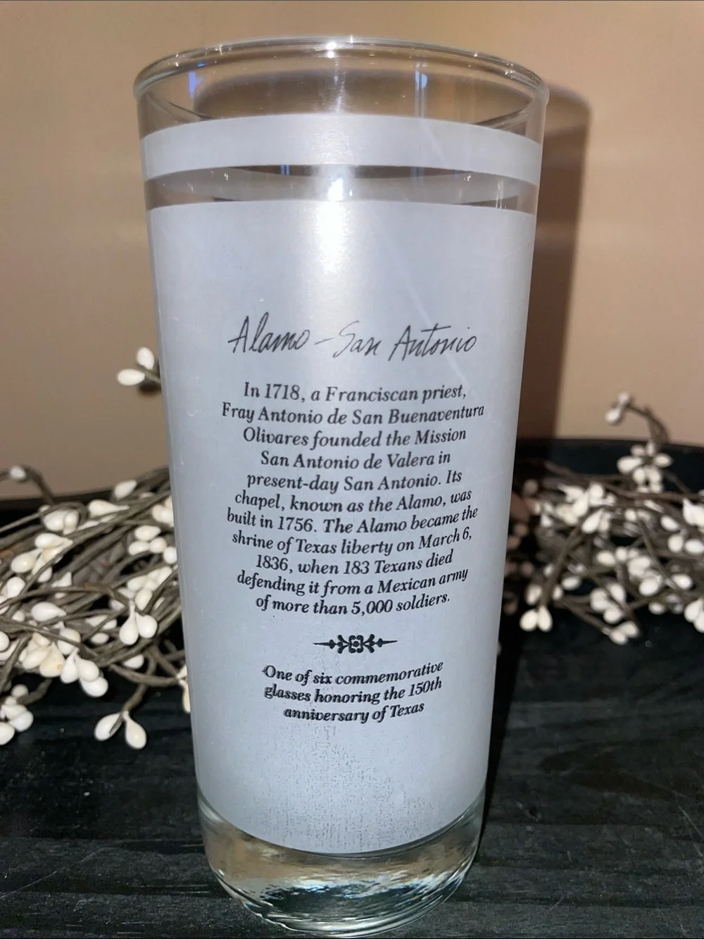 Two Texas Vintage 150th Anniversary Frosted Glasses 1986-Alamo & San Jacinto